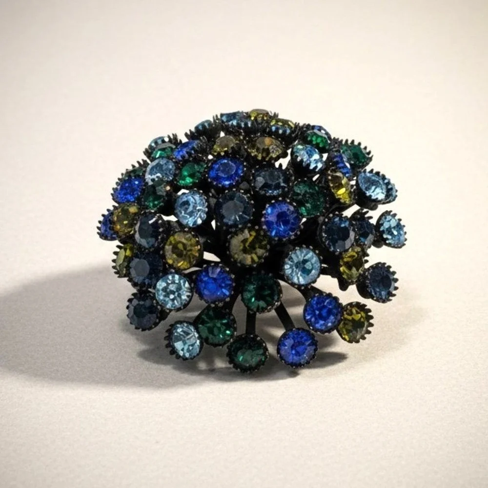 Vtg Rhinestone Brooch Dome Cluster Japanned Peacock Blue Green Statement 2